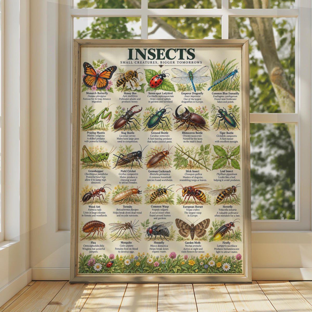 Insects Educational Poster, 25 Specimens, Latin Names, Nature Wall Art (Print)