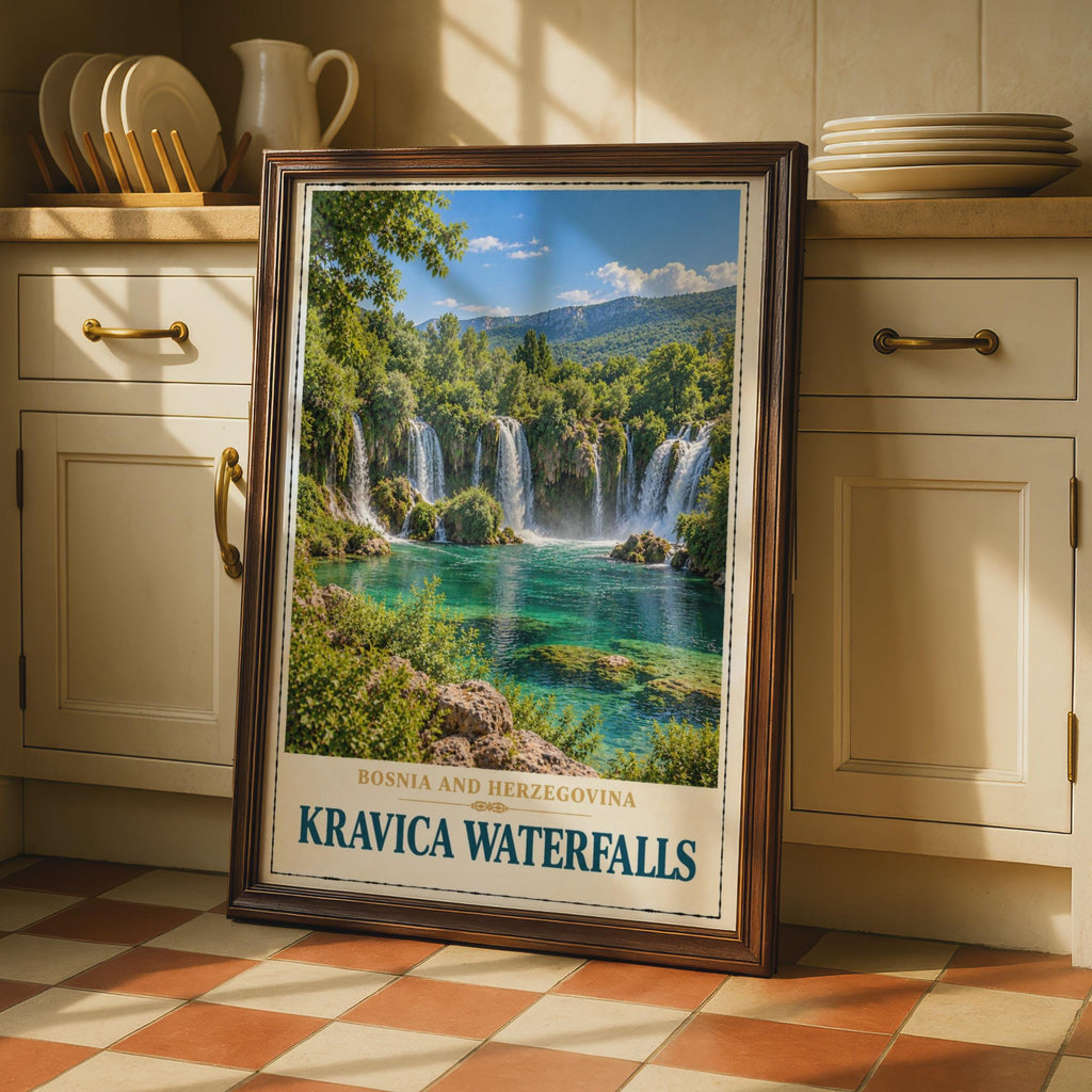 Kravica Waterfalls Poster, Bosnia and Herzegovina Travel Art, Turquoise Waterfall Print