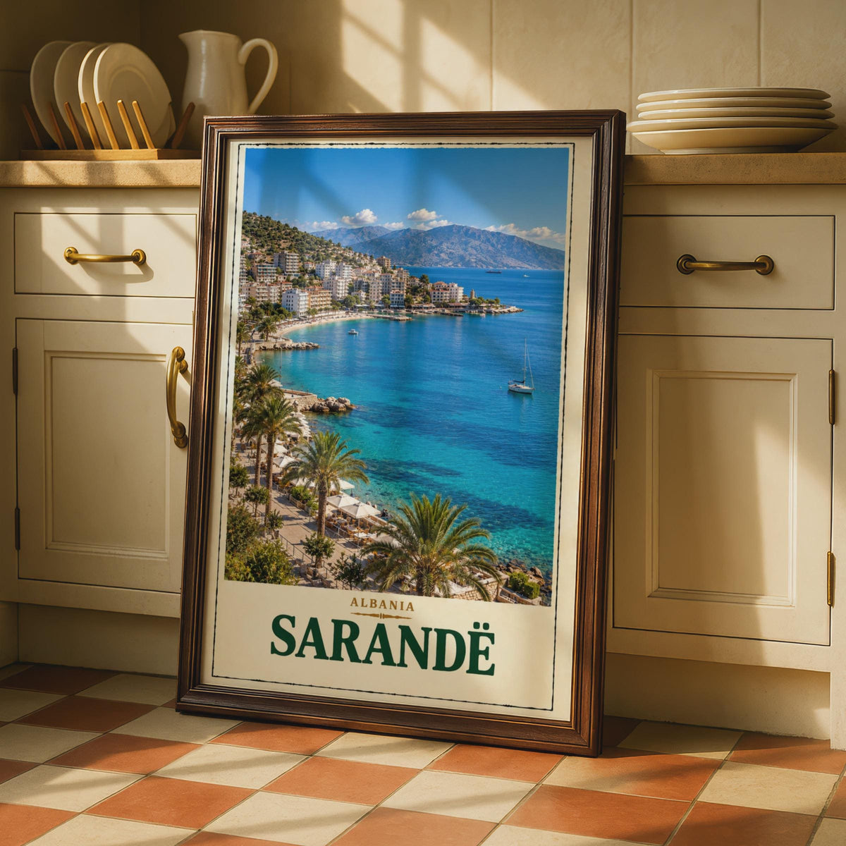Sarande Albania Travel Poster, Ionian Sea Coastal Print, Mediterranean Bay Home Decor