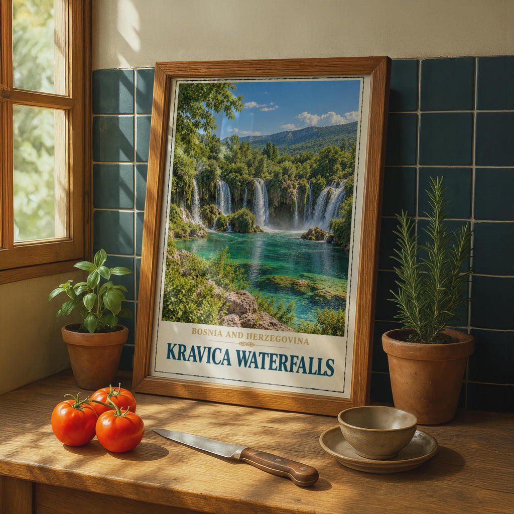 Kravica Waterfalls Poster, Bosnia and Herzegovina Travel Art, Turquoise Waterfall Print