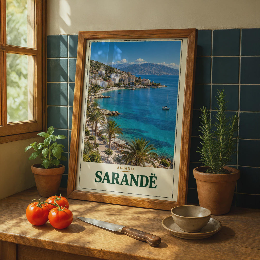 Sarande Albania Travel Poster, Ionian Sea Coastal Print, Mediterranean Bay Home Decor