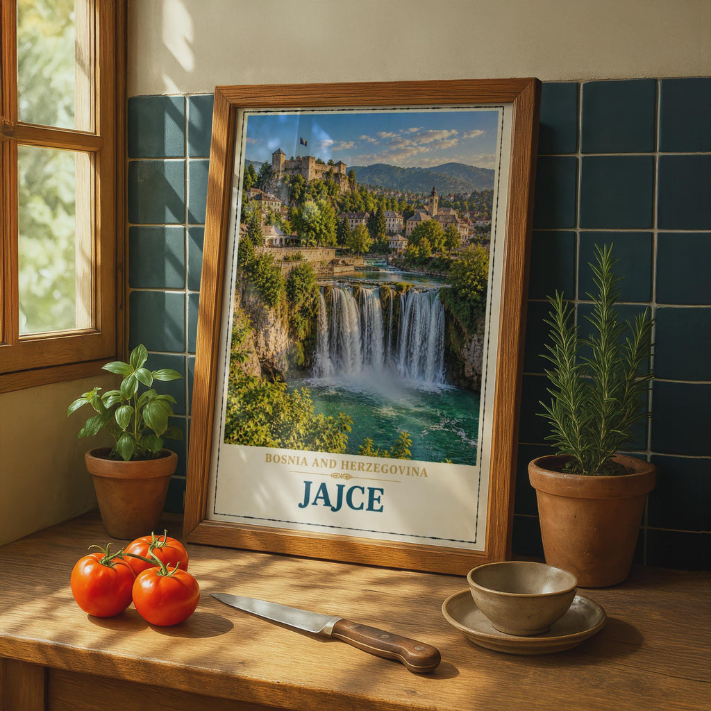 Jajce Bosnia Travel Poster, Waterfall Castle Wall Art, Balkans City Print (Vintage Style)