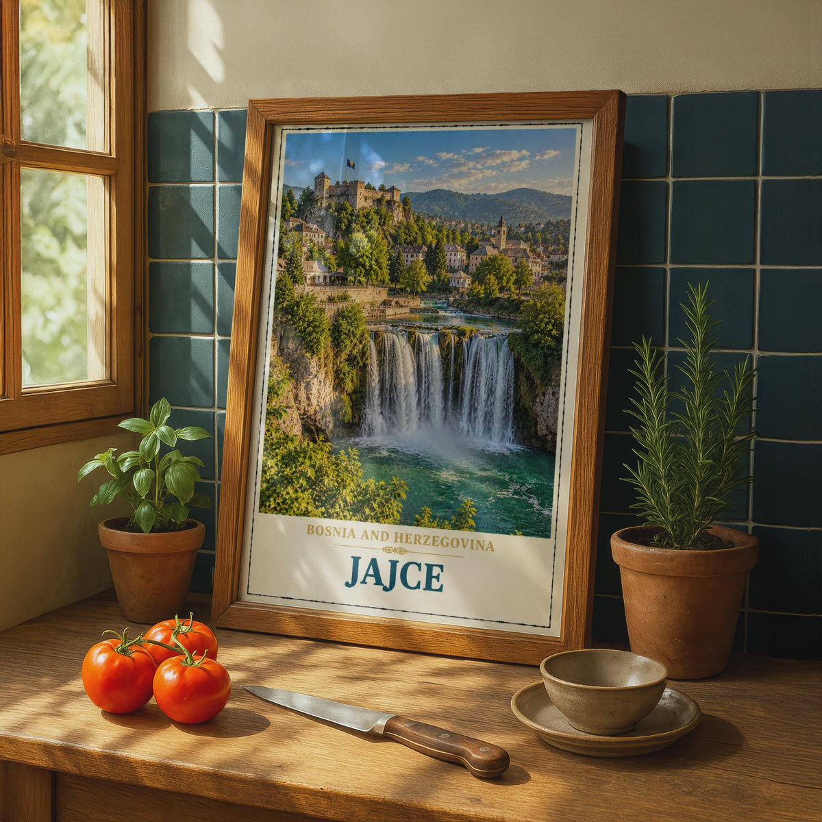 Jajce Bosnia Travel Poster, Waterfall Castle Wall Art, Balkans City Print (Vintage Style)