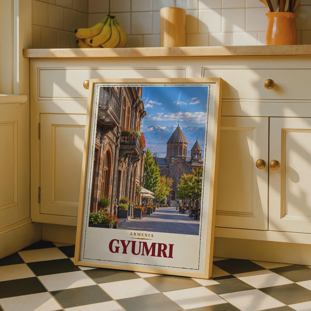 Gyumri Armenia Travel Poster, Armenian Church, Caucasus Mountains, Vintage Style Print