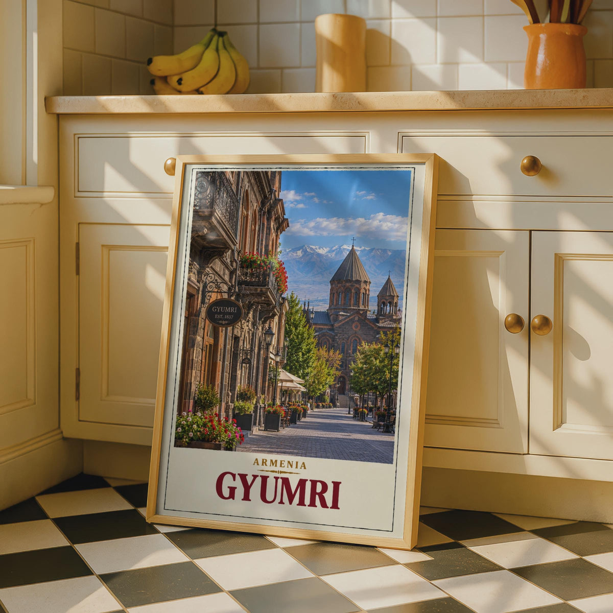 Gyumri Armenia Travel Poster, Vintage Street Scene, Caucasus Mountains (Print)