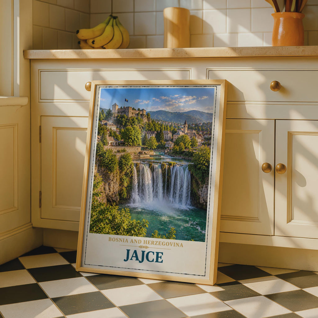 Jajce Bosnia Travel Poster, Waterfall Castle Wall Art, Balkans City Print (Vintage Style)