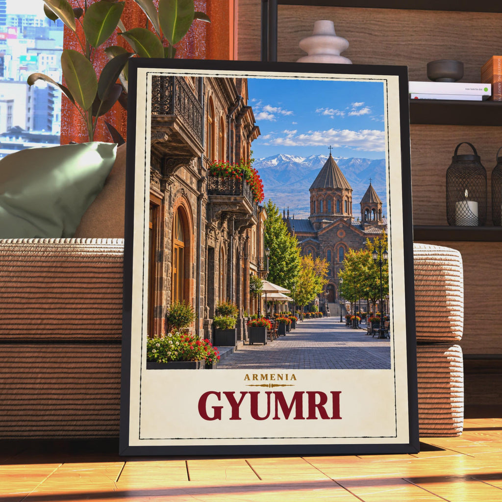 Gyumri Armenia Travel Poster, Armenian Church, Caucasus Mountains, Vintage Style Print