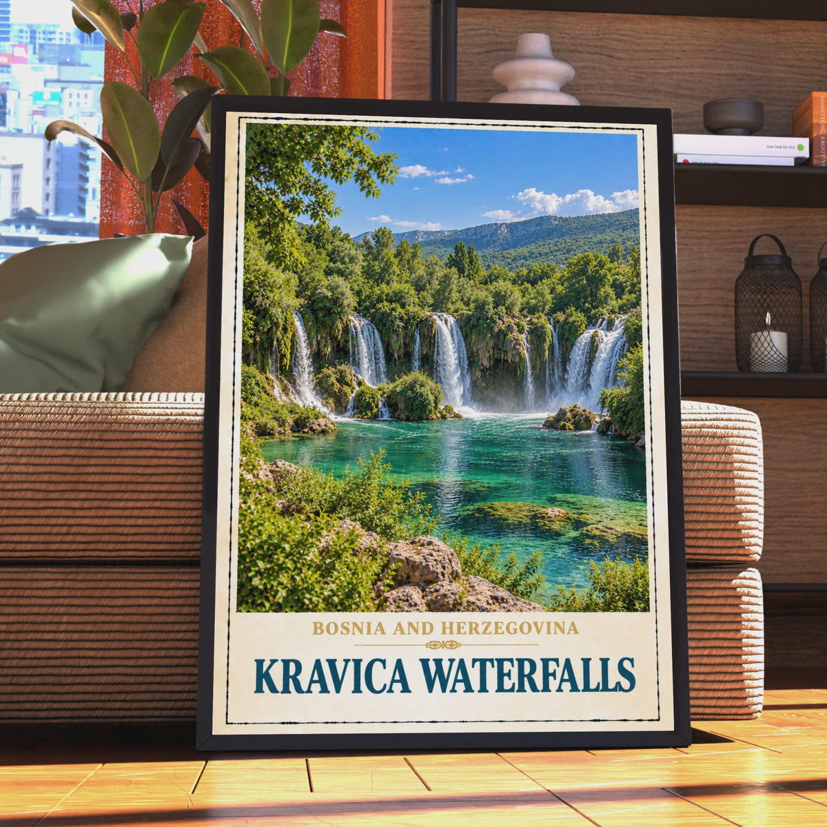Kravica Waterfalls Poster, Bosnia and Herzegovina Travel Art, Turquoise Waterfall Print