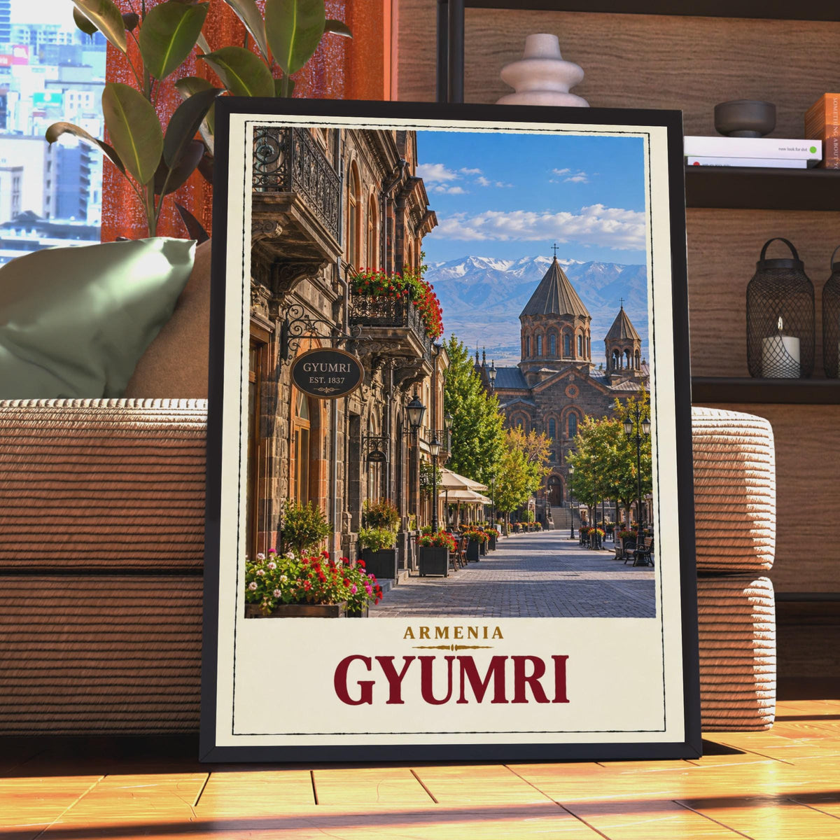 Gyumri Armenia Travel Poster, Vintage Street Scene, Caucasus Mountains (Print)