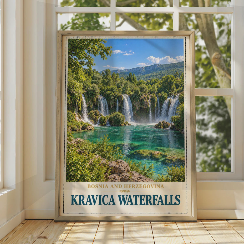 Kravica Waterfalls Poster, Bosnia and Herzegovina Travel Art, Turquoise Waterfall Print