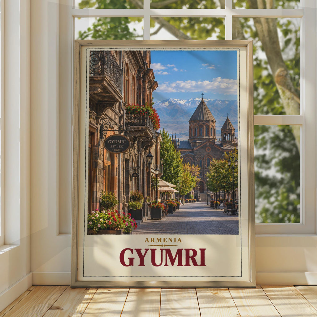 Gyumri Armenia Travel Poster, Vintage Street Scene, Caucasus Mountains (Print)