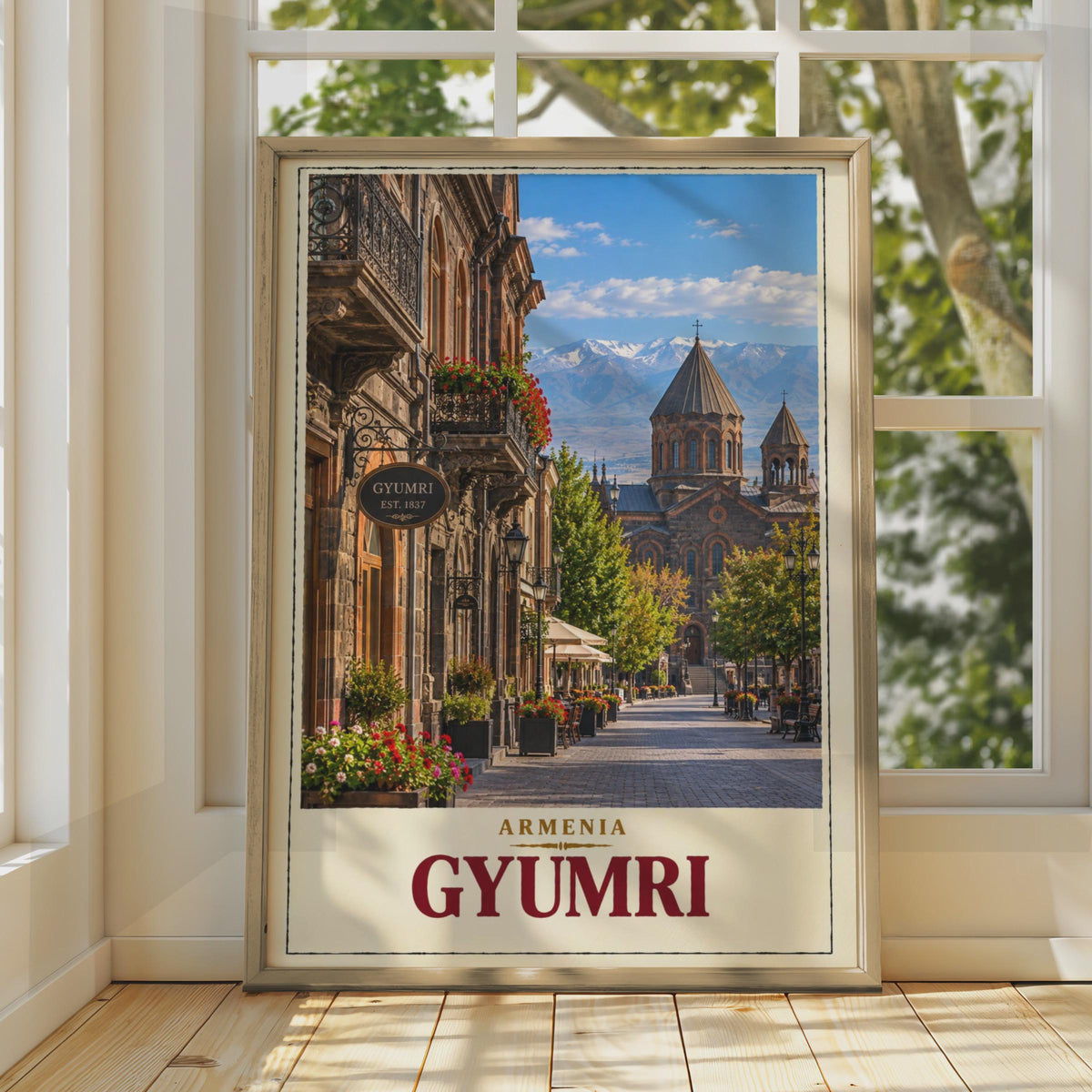 Gyumri Armenia Travel Poster, Vintage Street Scene, Caucasus Mountains (Print)