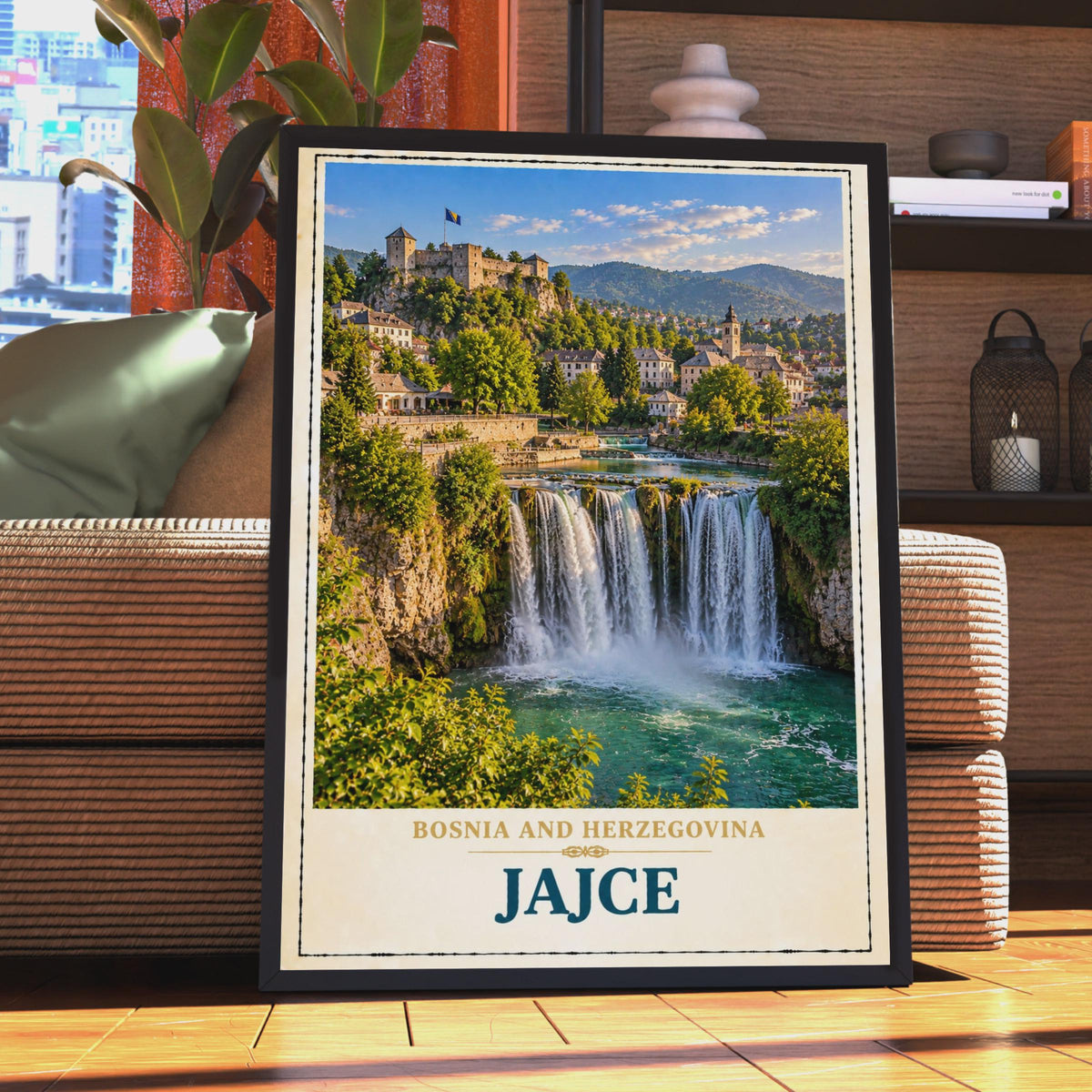 Jajce Bosnia Travel Poster, Waterfall Castle Wall Art, Balkans City Print (Vintage Style)