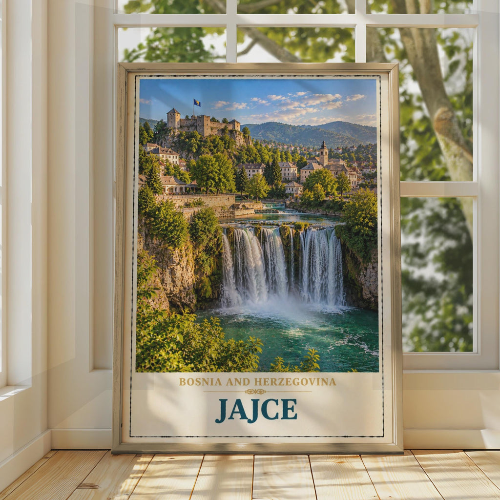 Jajce Bosnia Travel Poster, Waterfall Castle Wall Art, Balkans City Print (Vintage Style)