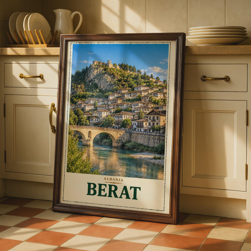 Berat Albania Travel Poster, UNESCO City of a Thousand Windows, Ottoman Architecture Wall Art (Print)