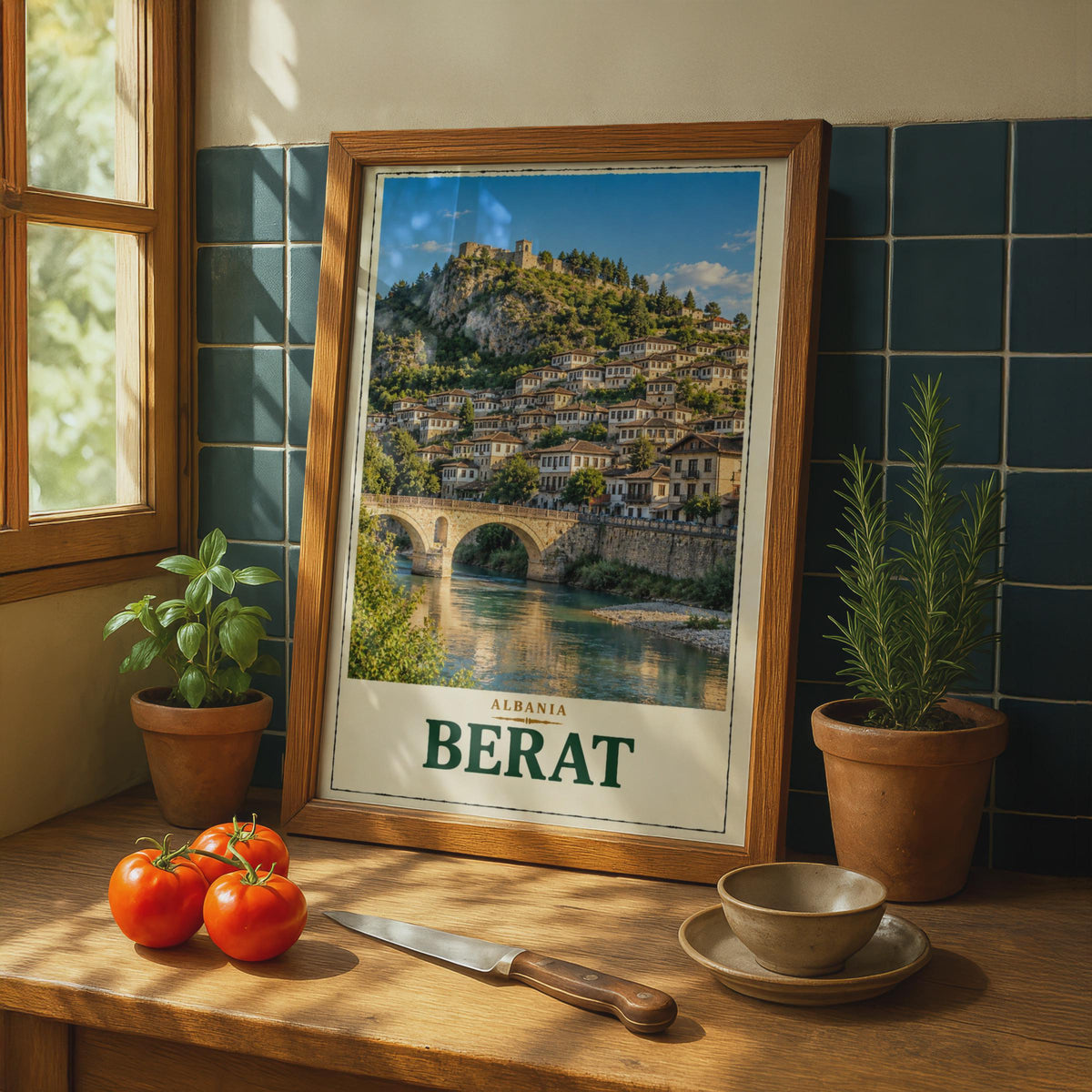 Berat Albania Travel Poster, UNESCO City of a Thousand Windows, Ottoman Architecture Wall Art (Print)