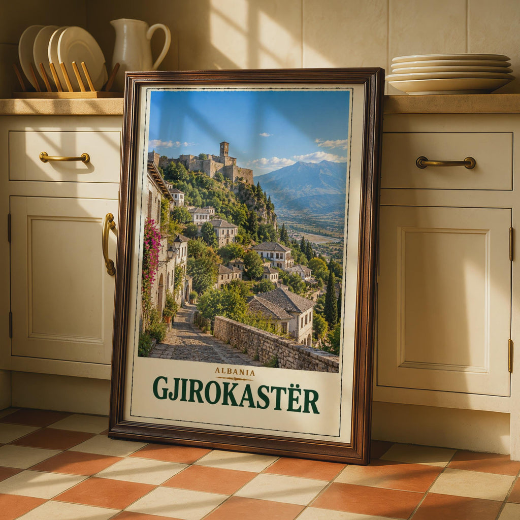 Gjirokaster Albania Travel Poster, UNESCO Old Town Castle, Balkan City Art (Print)