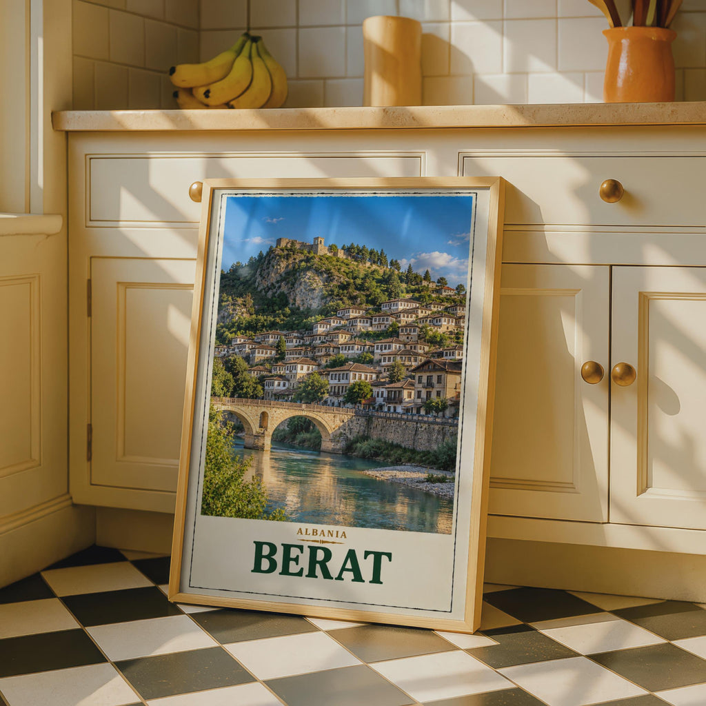 Berat Albania Travel Poster, UNESCO City of a Thousand Windows, Ottoman Architecture Wall Art (Print)