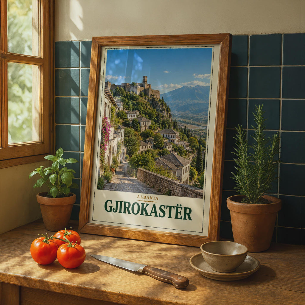 Gjirokaster Albania Travel Poster, UNESCO Old Town Castle, Balkan City Art (Print)