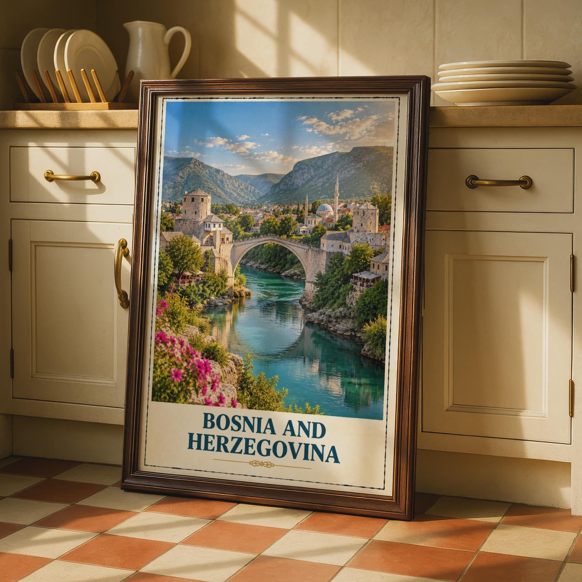 Bosnia and Herzegovina Travel Poster, Stari Most Bridge, Neretva River (Printed)