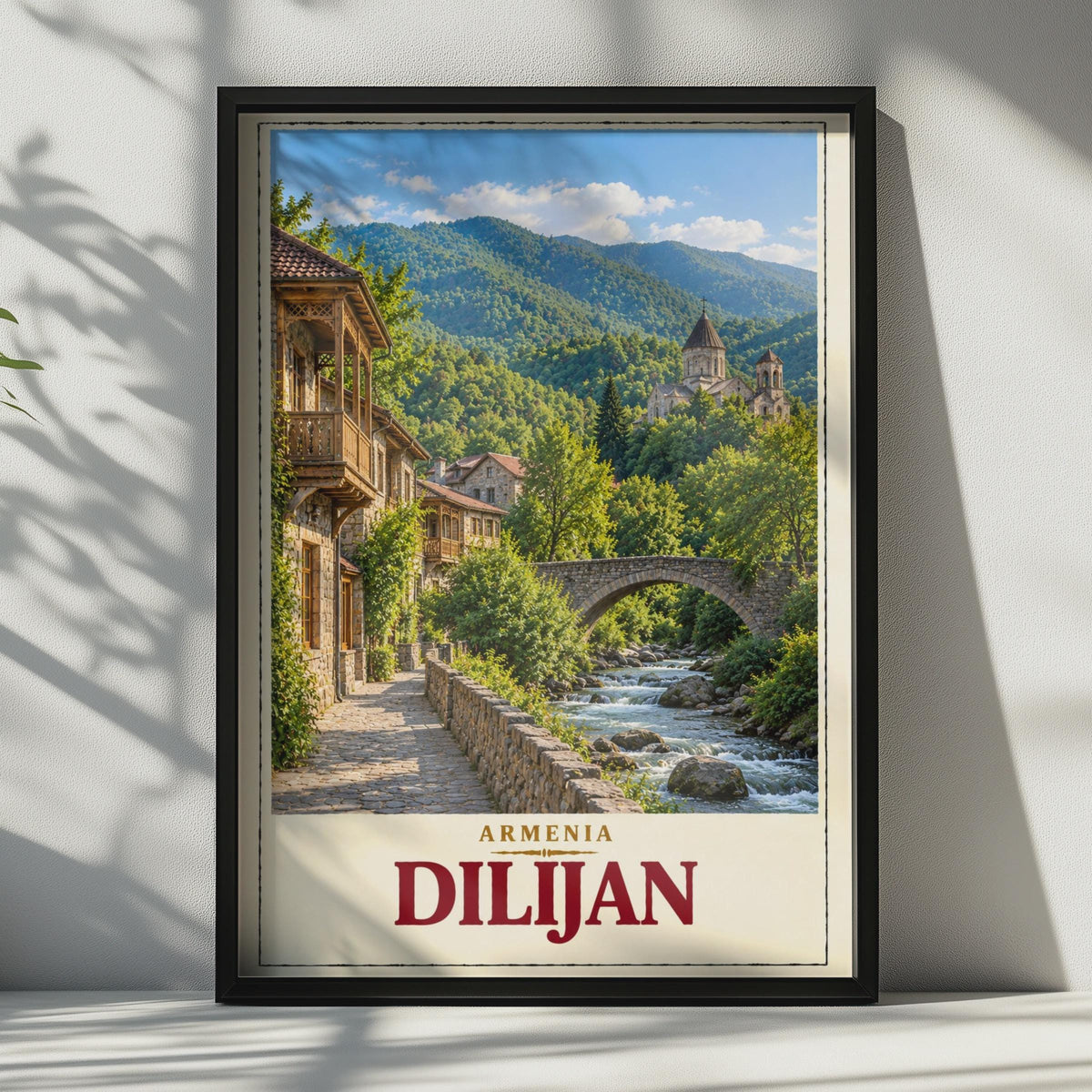 Dilijan Armenia Travel Poster, Stone Bridge, Mountain River, Vintage Style Wall Art