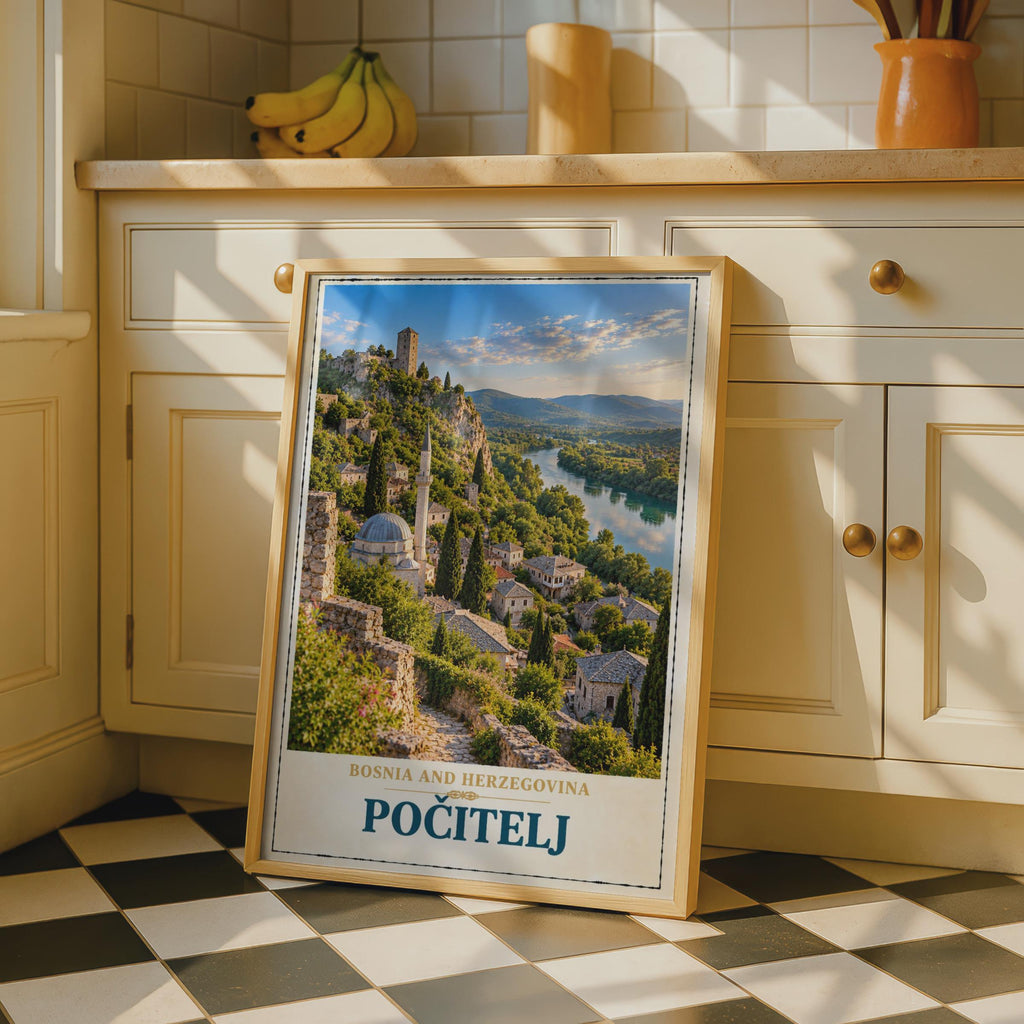 Pocitelj Bosnia Travel Poster, Balkan Hillside Town, Mosque River View (Print)