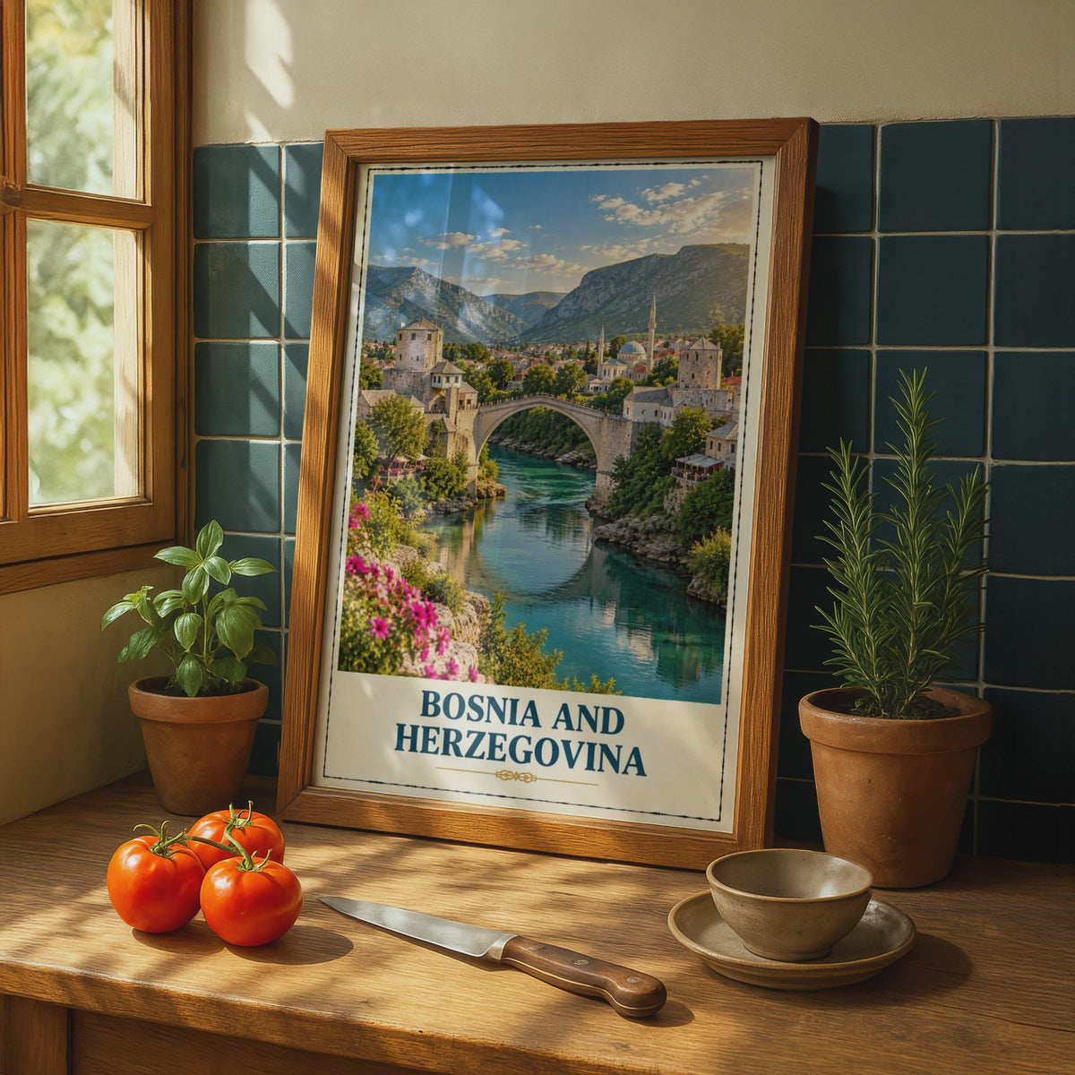 Bosnia and Herzegovina Travel Poster, Stari Most Bridge, Neretva River (Printed)