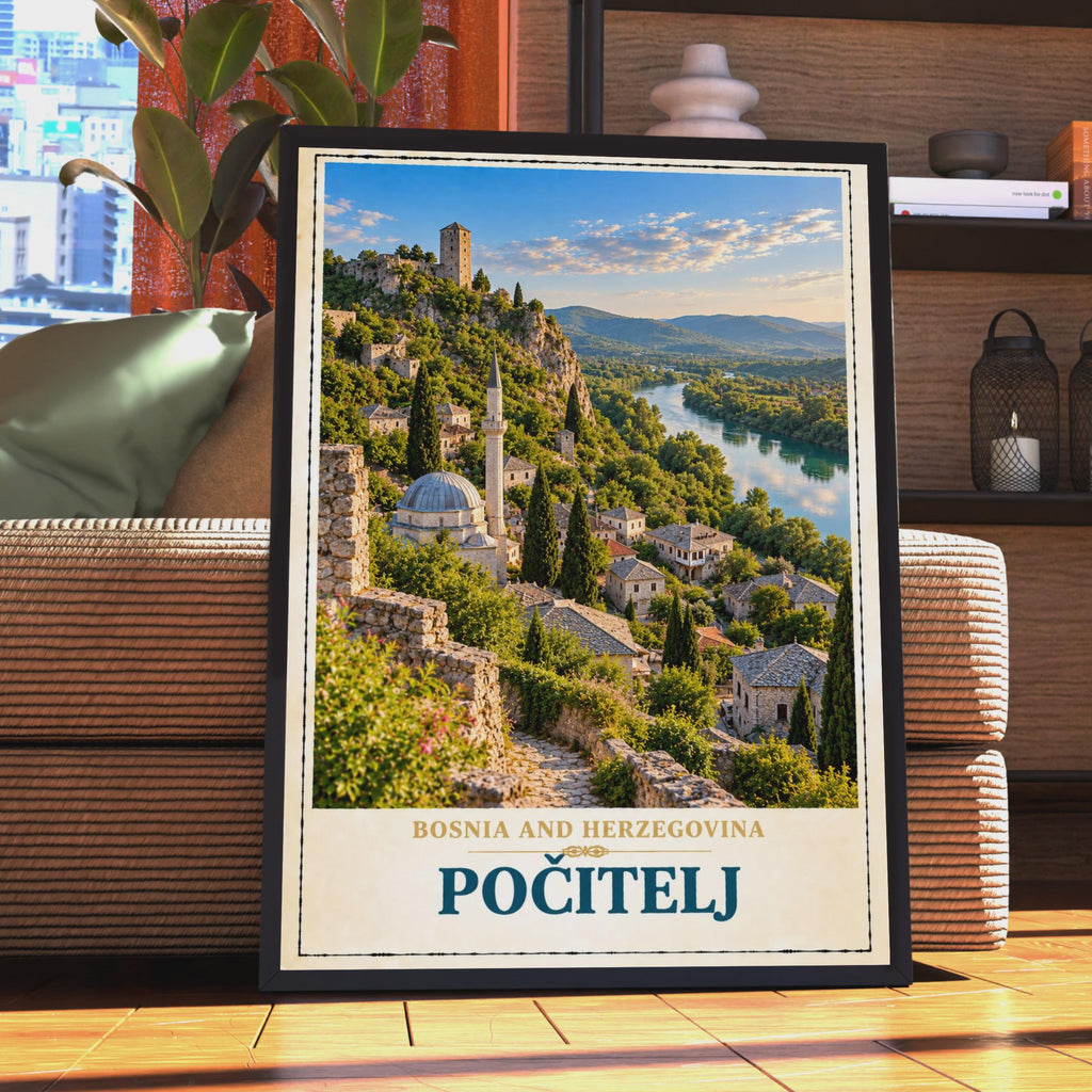 Pocitelj Bosnia Travel Poster, Balkan Hillside Town, Mosque River View (Print)