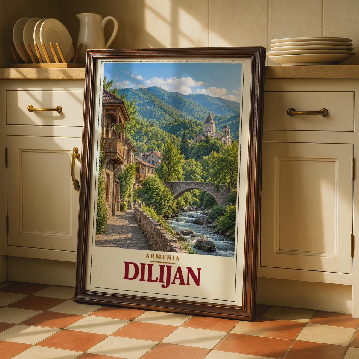 Dilijan Armenia Travel Poster, Stone Bridge, Mountain River, Vintage Style Wall Art