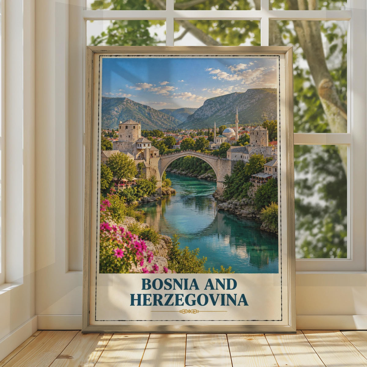 Bosnia and Herzegovina Travel Poster, Stari Most Bridge, Neretva River (Printed)