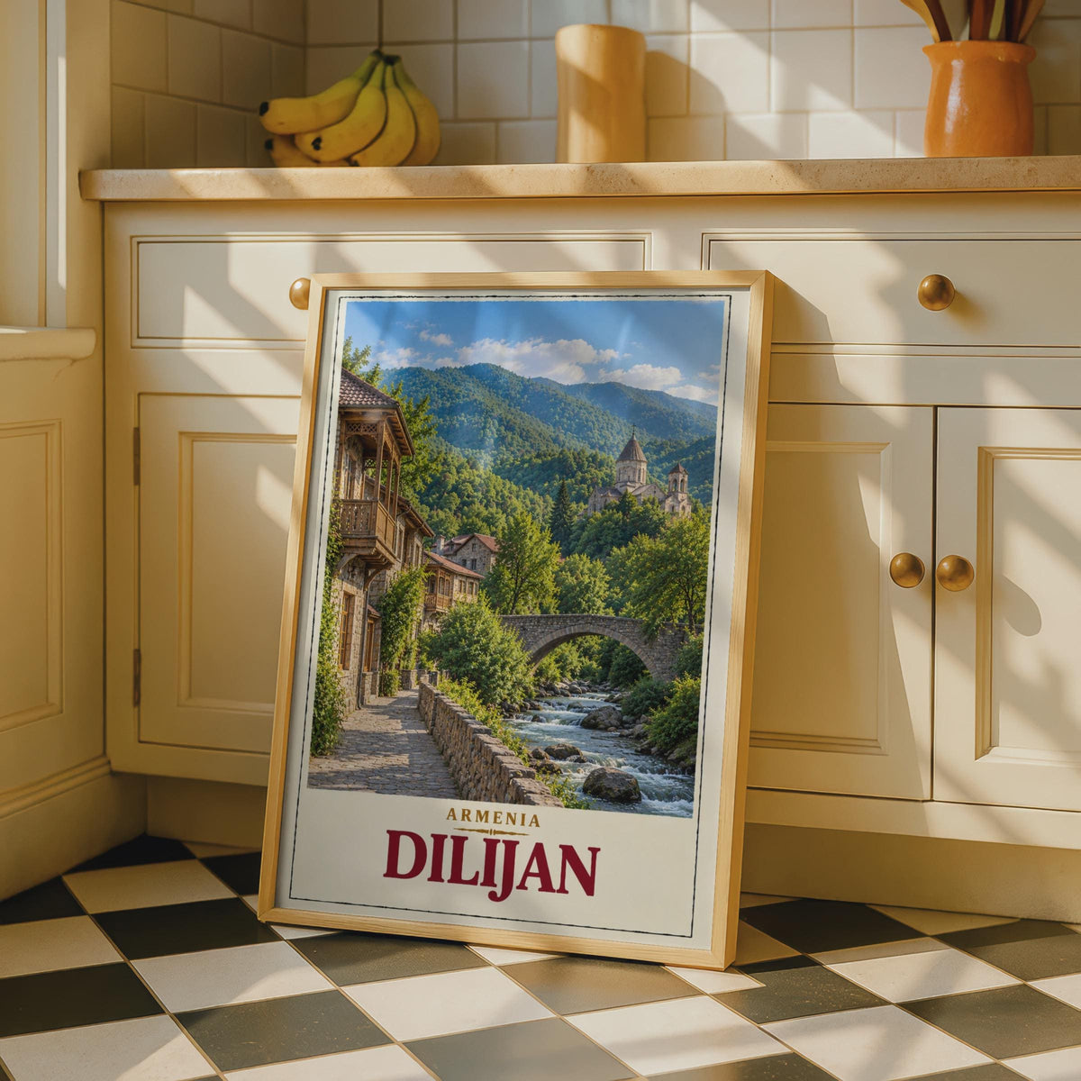 Dilijan Armenia Travel Poster, Stone Bridge, Mountain River, Vintage Style Wall Art