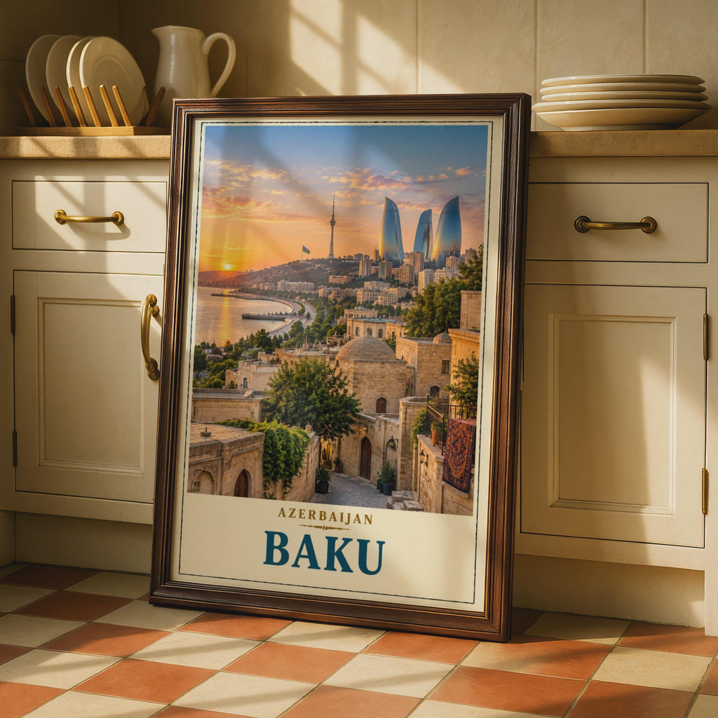 Baku Azerbaijan Travel Poster, Flame Towers Sunset, Old City Skyline (Print)