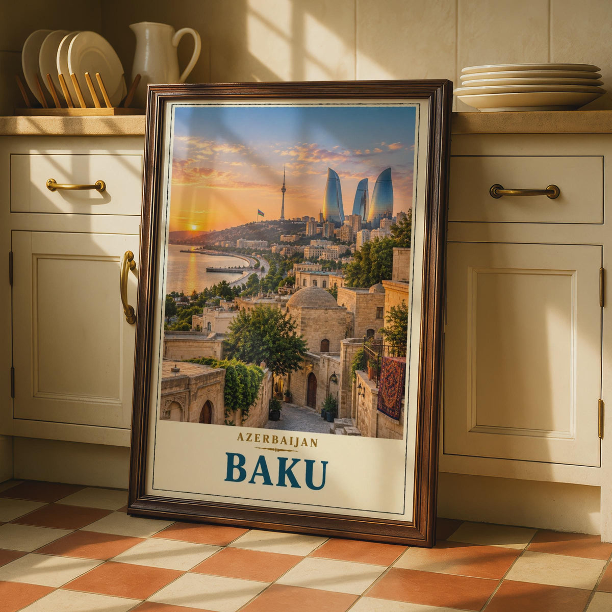 Baku Azerbaijan Travel Poster, Flame Towers Sunset, Old City Skyline (Print)