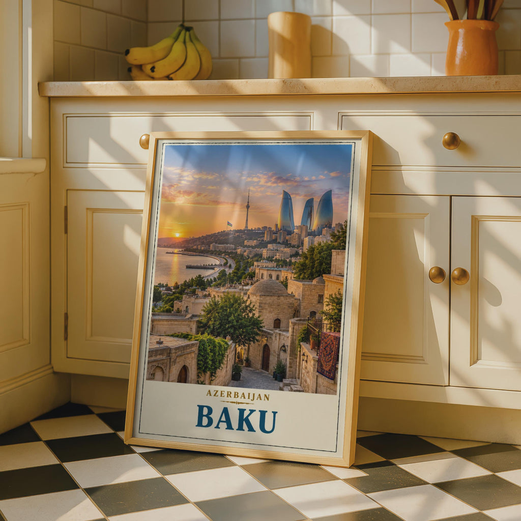 Baku Azerbaijan Travel Poster, Flame Towers Sunset, Old City Skyline (Print)