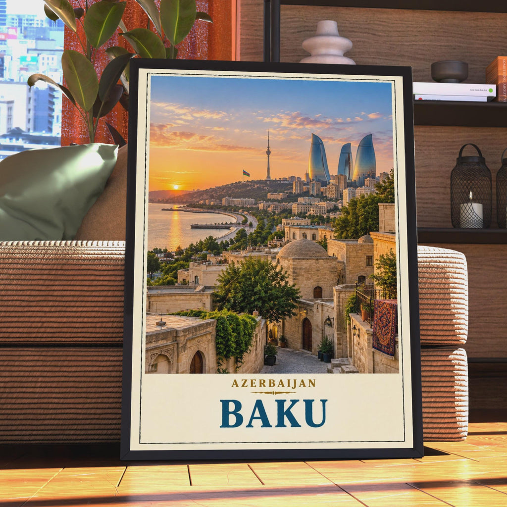 Baku Azerbaijan Travel Poster, Flame Towers Sunset, Old City Skyline (Print)