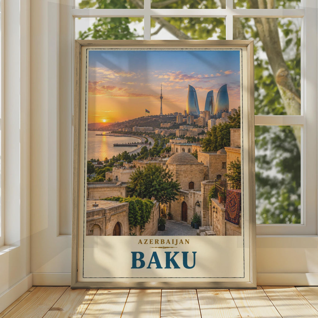 Baku Azerbaijan Travel Poster, Flame Towers Sunset, Old City Skyline (Print)