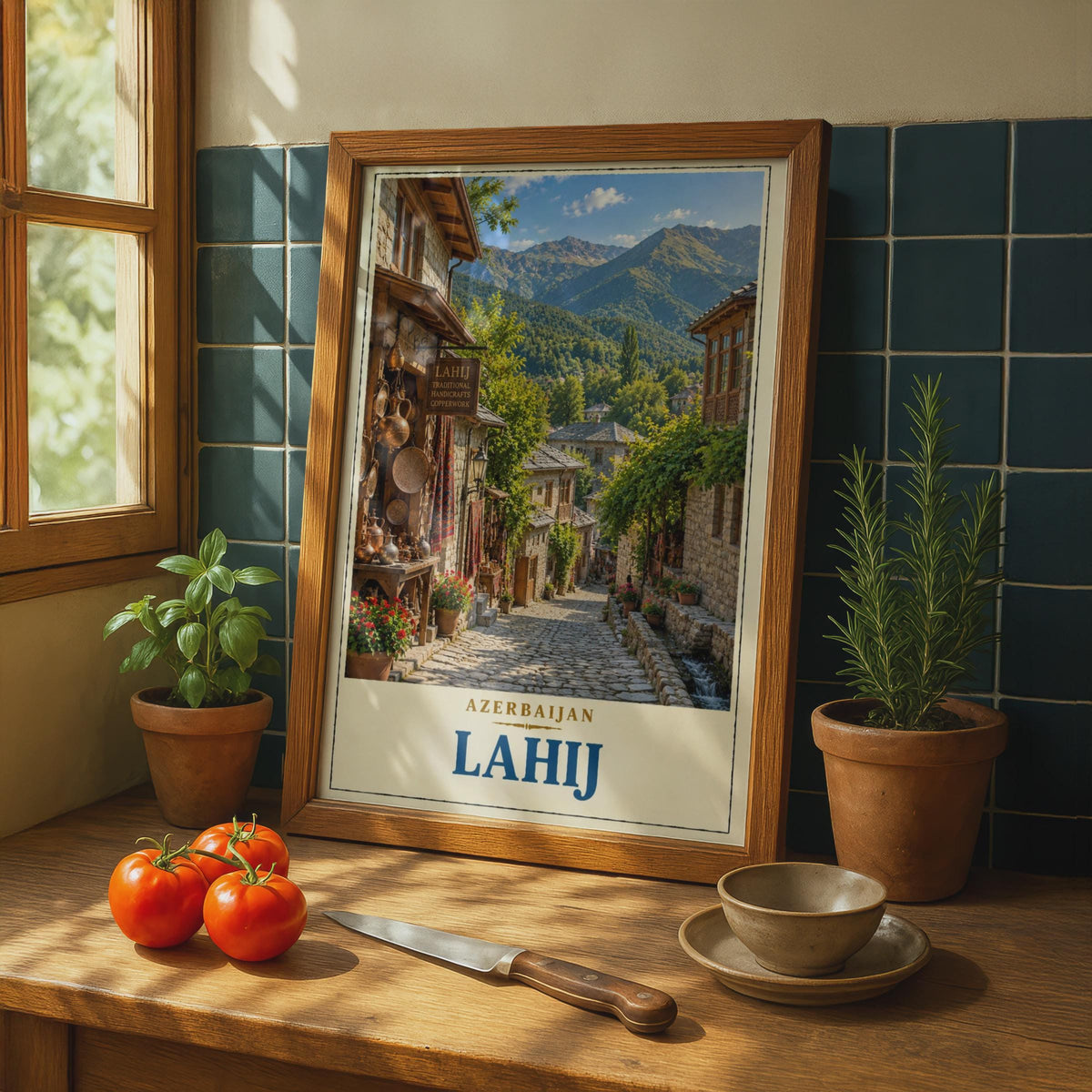Lahij Azerbaijan Travel Poster, Caucasus Village, Copperwork Street, Mountain Landscape (Printed Poster)