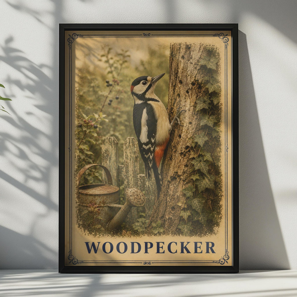 Woodpecker Poster, Great Spotted Woodpecker Bird Wall Art, Garden Wildlife Print, Nature Lover Gift, British Bird Artwork