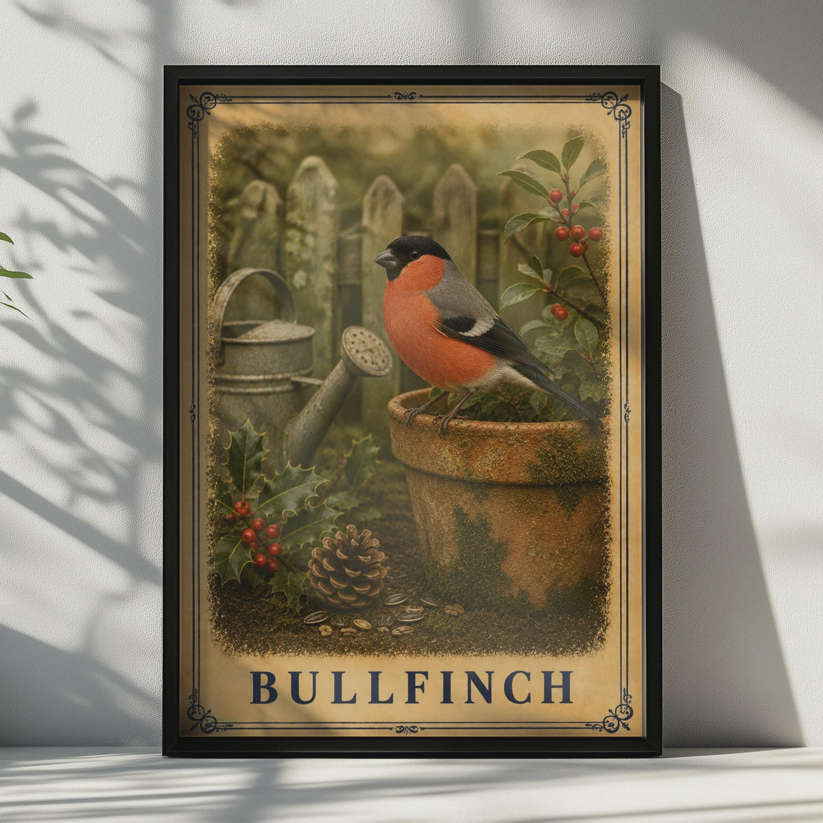Vintage Bullfinch Garden Bird Poster, British Wildlife Art, Cottagecore Nature Decor