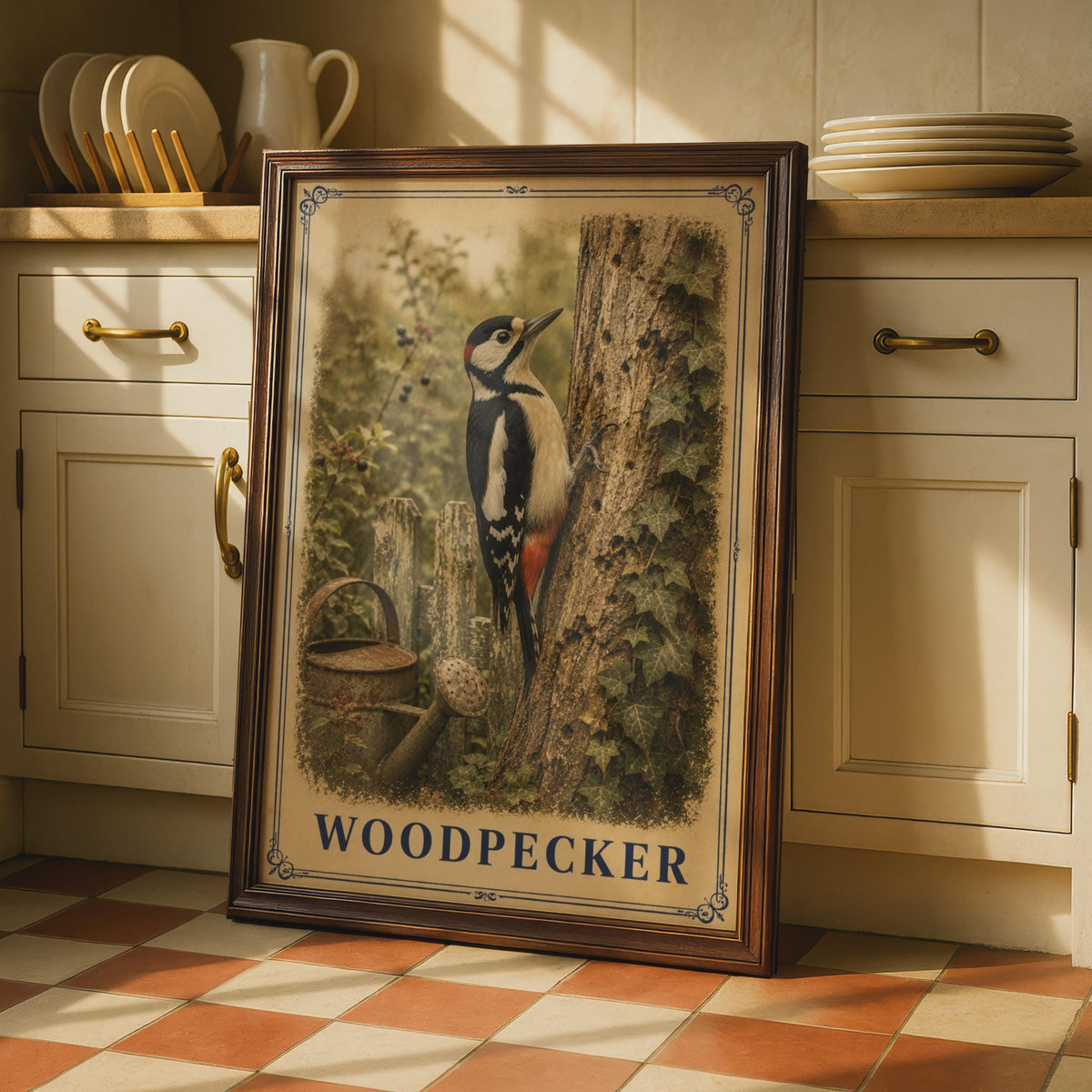 Woodpecker Poster, Great Spotted Woodpecker Bird Wall Art, Garden Wildlife Print, Nature Lover Gift, British Bird Artwork