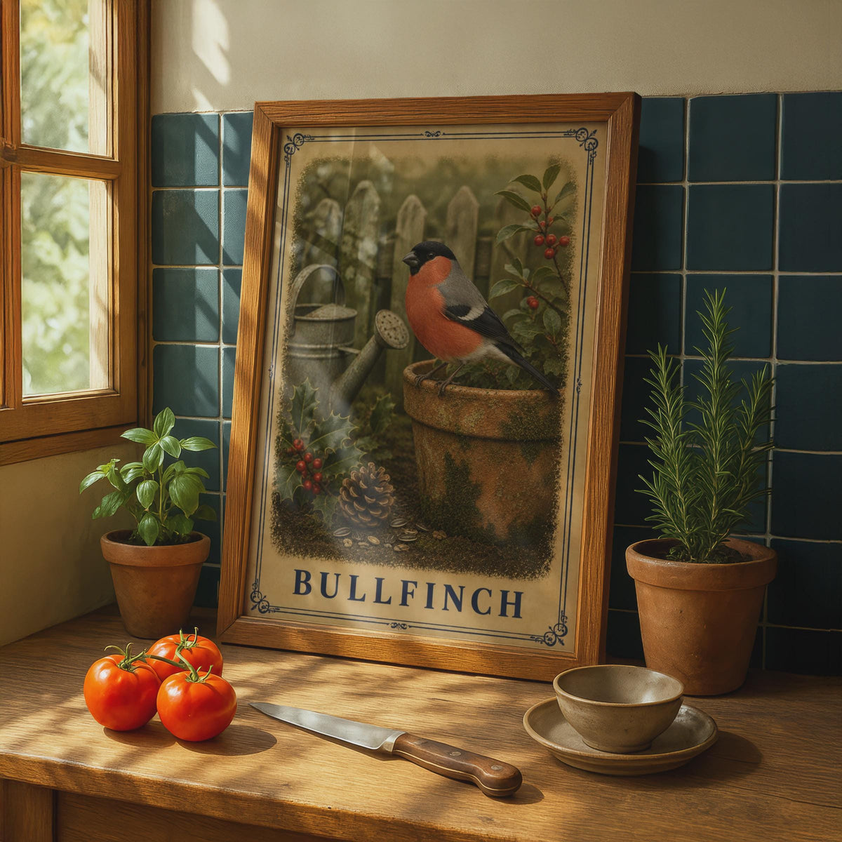 Vintage Bullfinch Garden Bird Poster, British Wildlife Art, Cottagecore Nature Decor