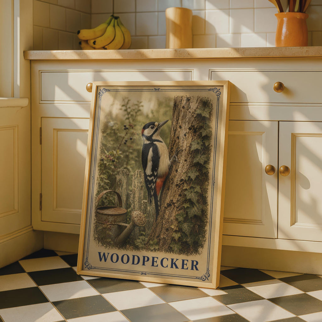 Woodpecker Poster, Great Spotted Woodpecker Bird Wall Art, Garden Wildlife Print, Nature Lover Gift, British Bird Artwork