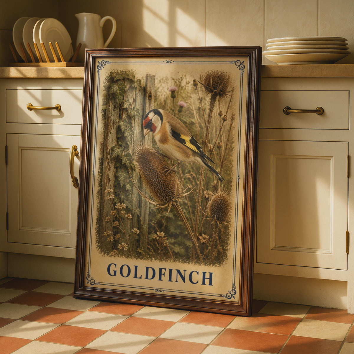 Vintage Goldfinch Poster, Victorian Garden Bird Art, Teasel Botanical Print (Wall Decor)