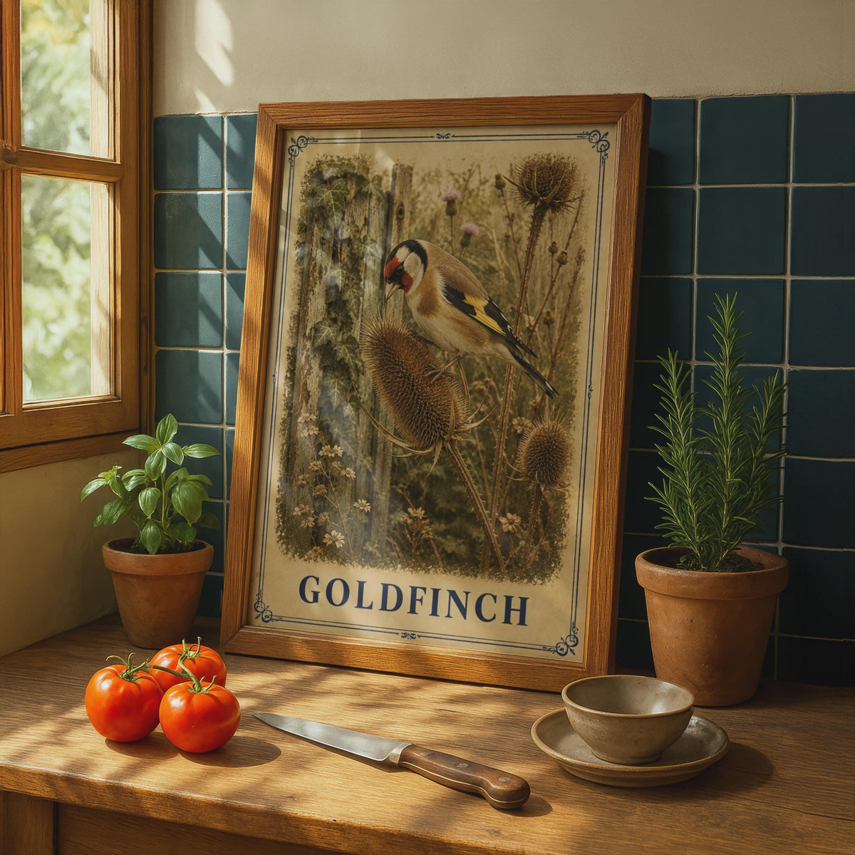 Vintage Goldfinch Poster, Victorian Garden Bird Art, Teasel Botanical Print (Wall Decor)