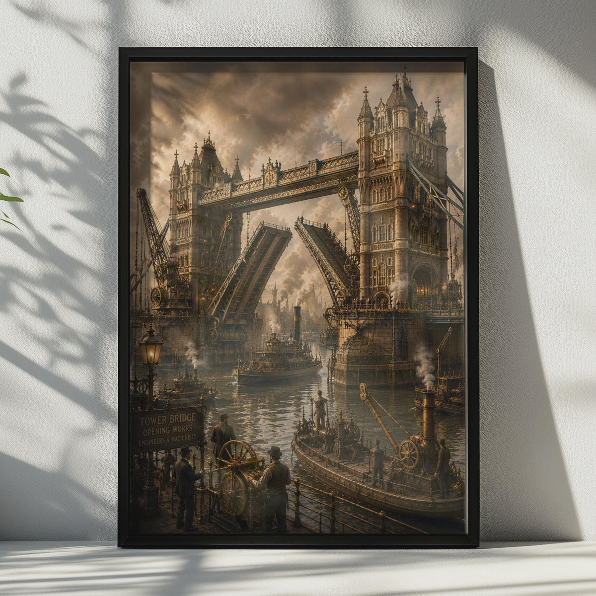 Steampunk Tower Bridge London Poster, Victorian Thames River Art, Gothic Industrial Print (Sepia Tone)