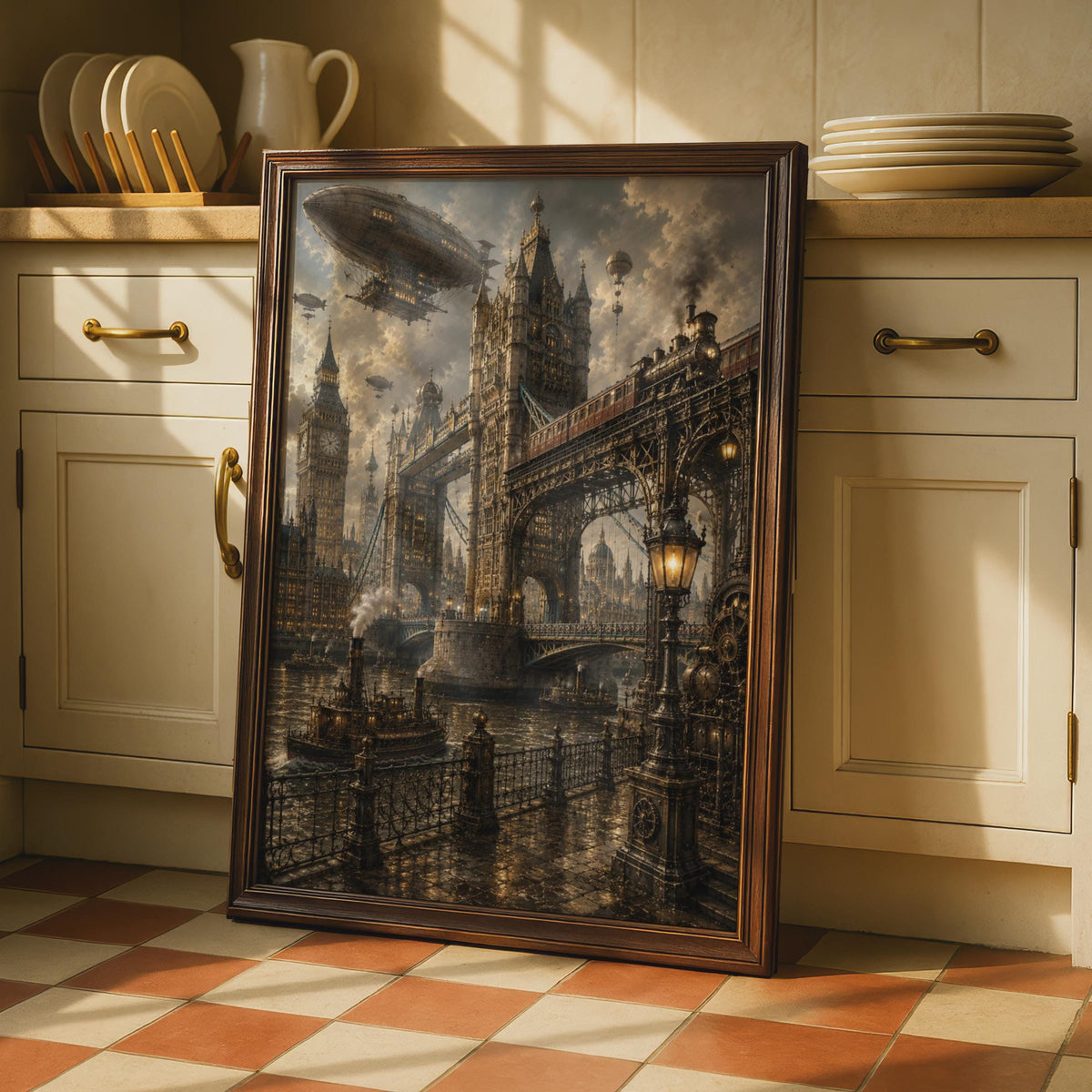 Steampunk London Poster, Tower Bridge, Big Ben, Airships, Gothic City Art (Print)