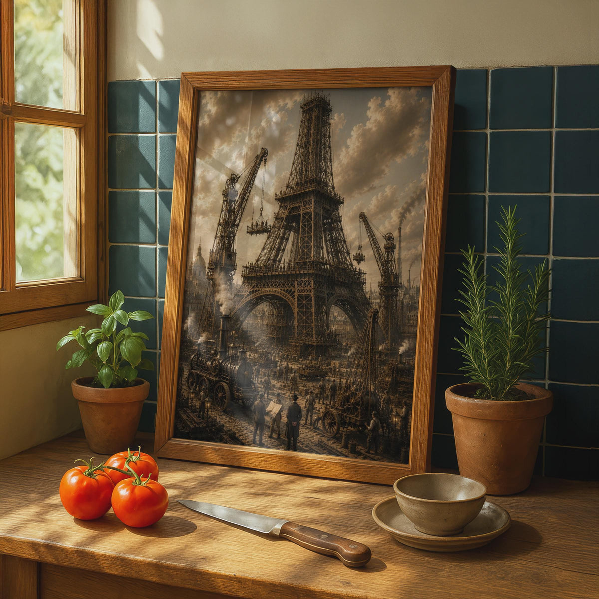 Steampunk Eiffel Tower Construction Poster, Victorian Paris Industrial Art (Sepia Print)