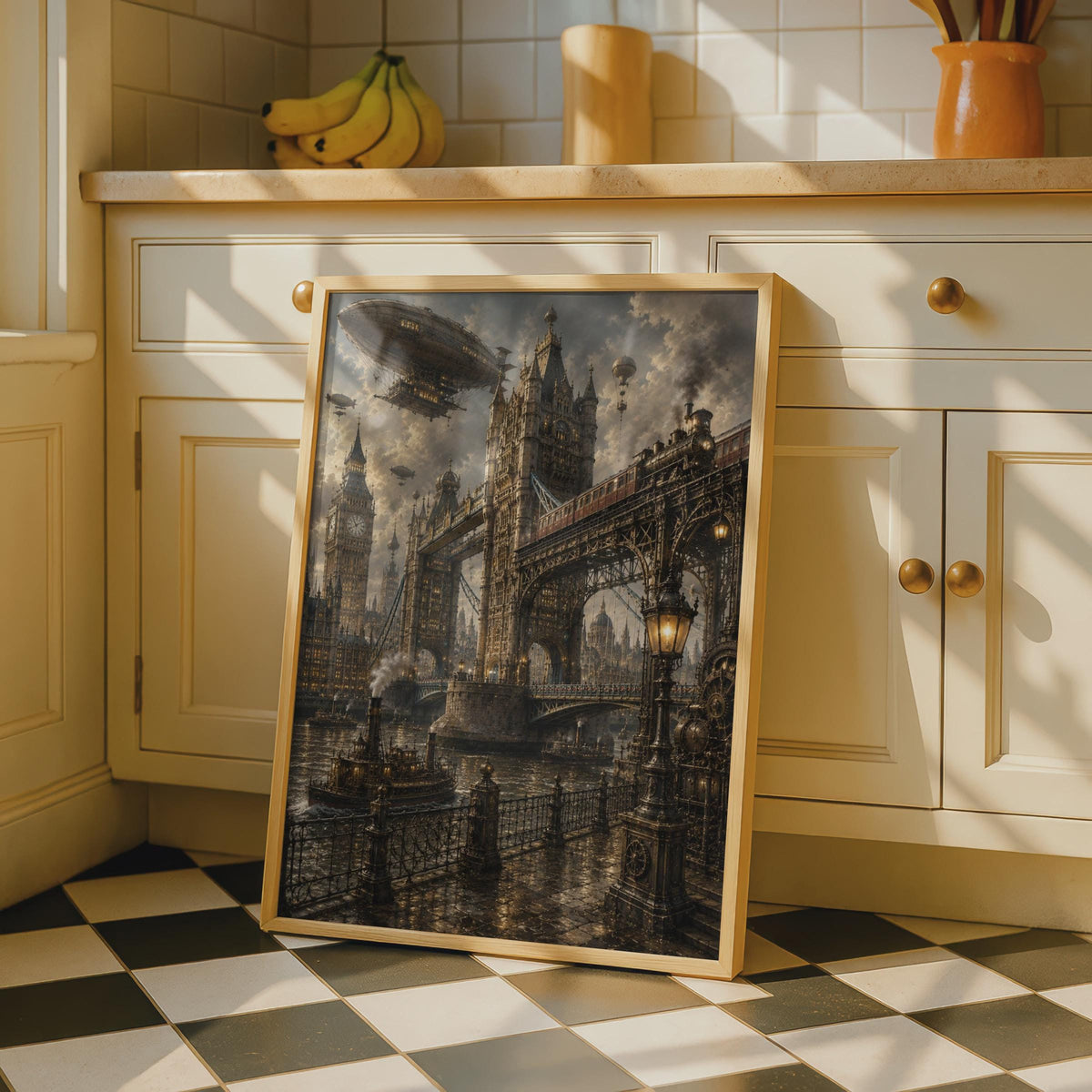 Steampunk London Poster, Tower Bridge, Big Ben, Airships, Gothic City Art (Print)