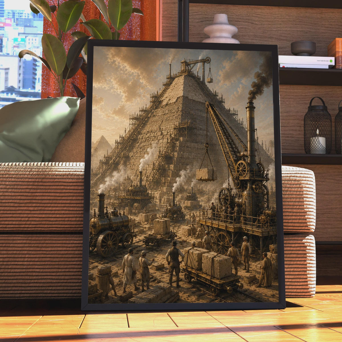 Steampunk Egyptian Pyramid Construction Poster, Industrial Art, Fantasy History Wall Art (Print)