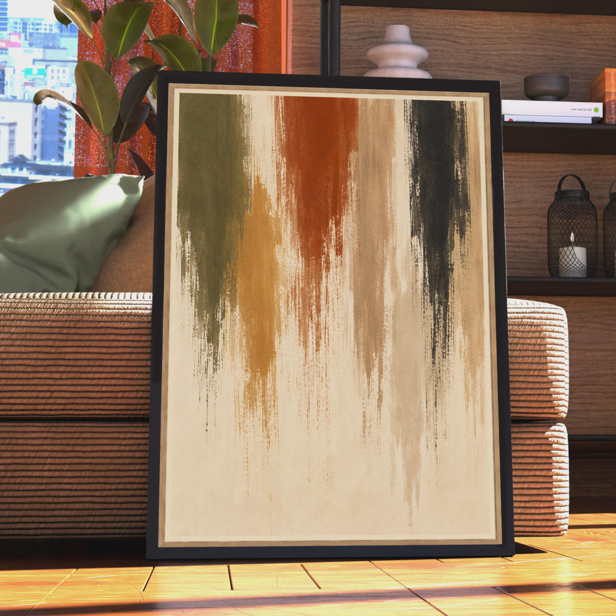 Abstract Expressionist Poster, Terracotta Olive Black Brushstrokes, Earthy Tones Wall Art